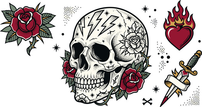 Old School Retro Tattoo Vector Flash Set Featuring Detailed Human Skull Red Roses Crossed Electric Guitars Flaming Heart and Dagger Elements for Rock Merch Designs
