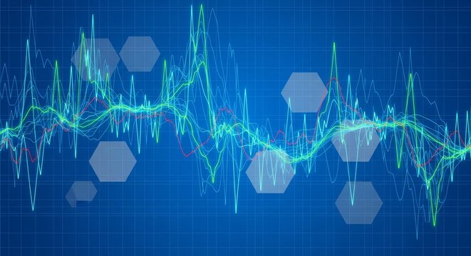 Abstract digital data streams and fluctuating financial charts with geometric hexagons on a blue
