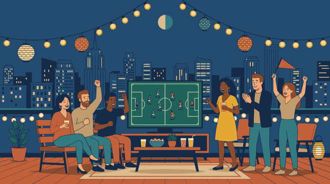 Group of friends watching soccer match on television cheering together.