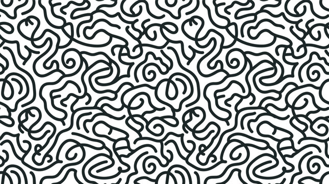 Seamless pattern with hand-drawn black ink squiggly lines and tangled loops on a white background, repeating abstract texture for textile or wallpaper print
