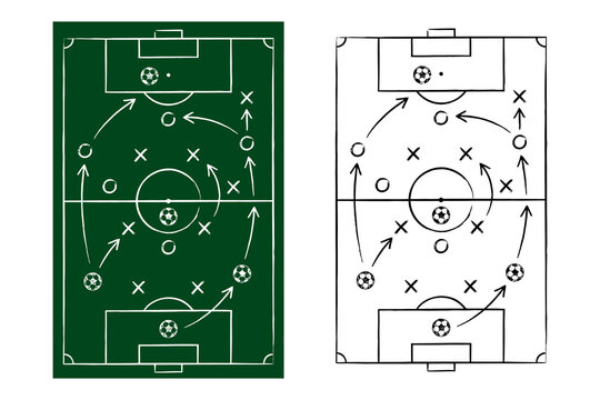 Football field tactics board vector illustration set, vertical hand drawn soccer game plan strategy scheme with player formations on green and white background