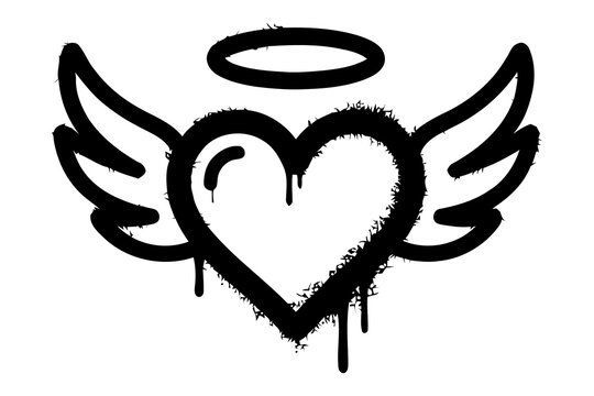 Graffiti angel heart with wings and halo stencil illustration, spray paint dripping ink style urban romantic or gothic heart vector
