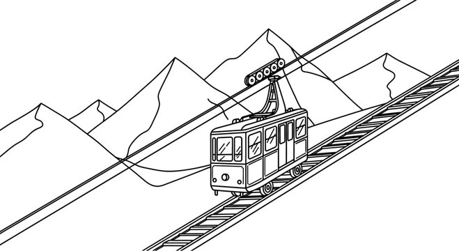 Black and White Line Art Drawing of a Funicular Train Climbing a Mountain