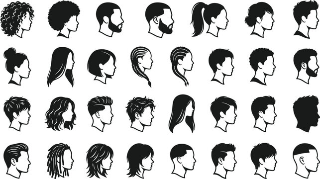 Set of thirty-two black and white male and female head silhouettes in profile view showcasing diverse hairstyles and haircuts isolated on a white background for