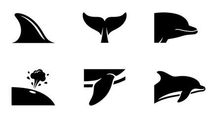 Whale and dolphin icon set, silhouette, white background, vector illustration © Rubi