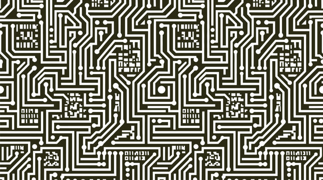 Seamless electronic circuit board pattern with white lines on a dark background, representing technology and connectivity