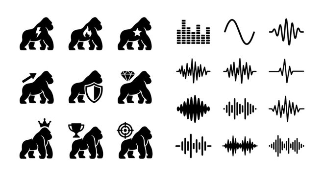 Gorilla icon set, silhouette, white background