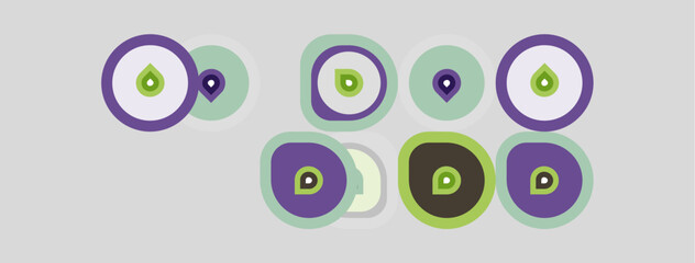 Fototapeta premium Purple, green circles with smaller dots inside. Simple design, flat illustration, light gray background. Minimalist aesthetic, geometric shapes present.