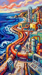 Naklejka premium Industrial refinery facility with colorful pipes by the sea in a stylized impasto oil painting