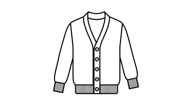 Black and white line art illustration of a classic button-up cardigan sweater
