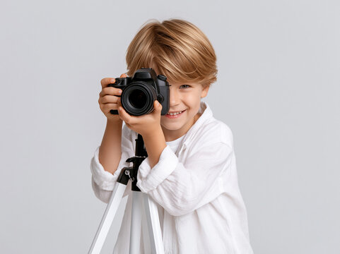 Child Looking Through Camera on Tripod