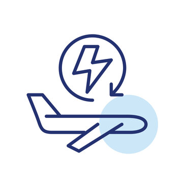 Flying airplane, lightning bolt in renew arrow. Fast return flights, rapid flight turnaround, quick flight rebooking, sustainable travel energy, rapid round-trip journeys. Pixel perfect, editable stro