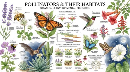 Fototapeta premium Pollinators and their habitats botanical and environmental education infographic poster featuring native plants and wildlife