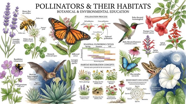 Pollinators and their habitats botanical and environmental education infographic poster featuring native plants and wildlife