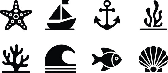 Fototapeta premium Marine ocean, icons set, nautical sea life symbols featuring starfish sailboat anchor coral wave fish and shell silhouettes.