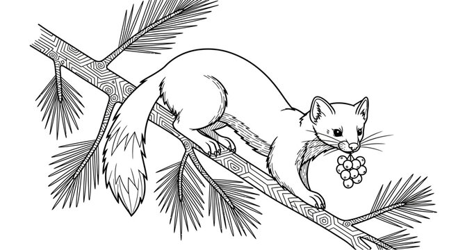 Black and White Line Art Illustration of a Pine Marten on a Tree Branch