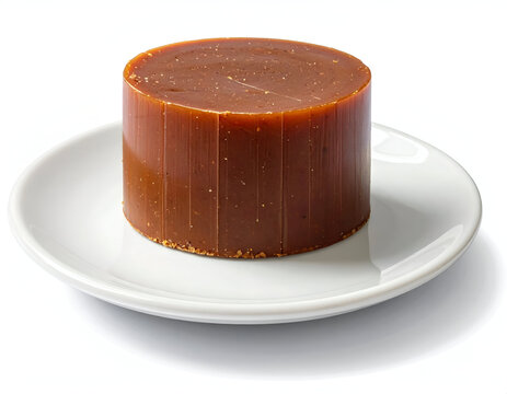 Minimalist traditional food photography highlighting a smooth dark brown cylindrical sweet paste block on a plate.