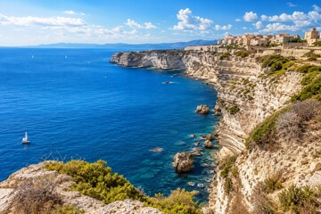 Fototapeta premium A high-angle view of a dramatic rocky cliff coastline meeting the deep blue waters of the ocean under a clear summer sky.