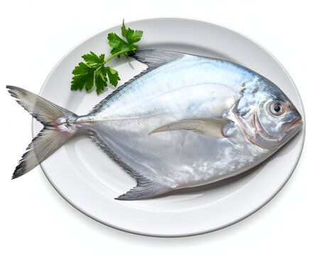 Clean minimalist seafood photography showcasing a whole fresh raw silver pomfret fish resting on a pure white ceramic plate.