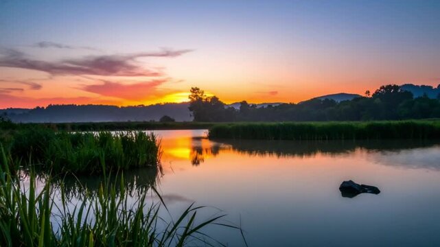 Colorful sunset reflected on calm lake water, creating serene and peaceful natural landscape atmosphere.