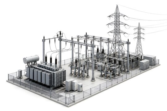 Electrical power substation infrastructure isolated on white background