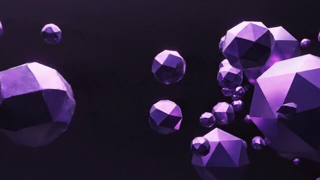 Abstract Geometric Purple Shapes Floating and Rotating in Dark Space