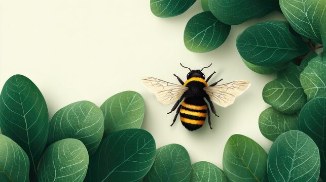 Minimal eco poster concept with realistic bee and green leaves