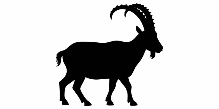 Black Alpine Ibex Silhouette Side View Horned Goat Vector Illustration on White Background