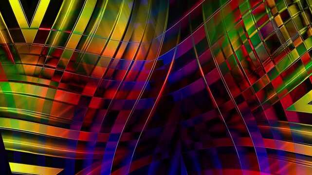 A mesmerizing loop of interlocking glass-like ribbons animation, cascading in a bold spectrum of red, gold, and violet. Shifting geometric patterns create a deep, prismatic visual journey