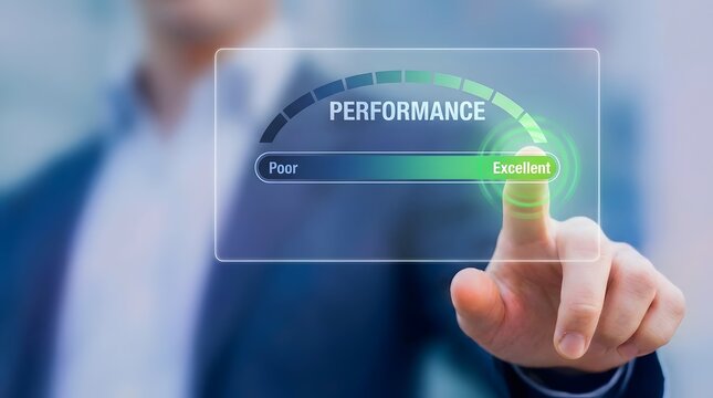Man's finger touches excellent performance gauge on futuristic screen