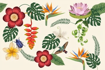 Fototapeta premium Collection of tropical botanical including vibrant flowers, monstera leaves, a beetle, and a hummingbird on a cream background