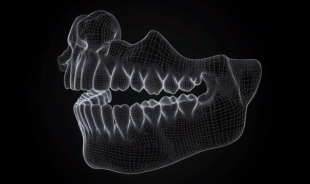 Wireframe human mandible and teeth on black background digital rendering.