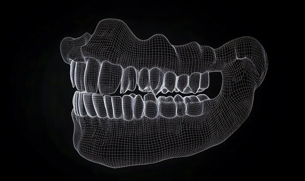 Wireframe human mandible and teeth on black background digital rendering.