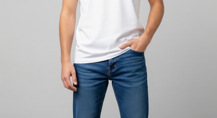 Obraz premium Man in white t-shirt and blue jeans with hand in pocket standing against plain grey background