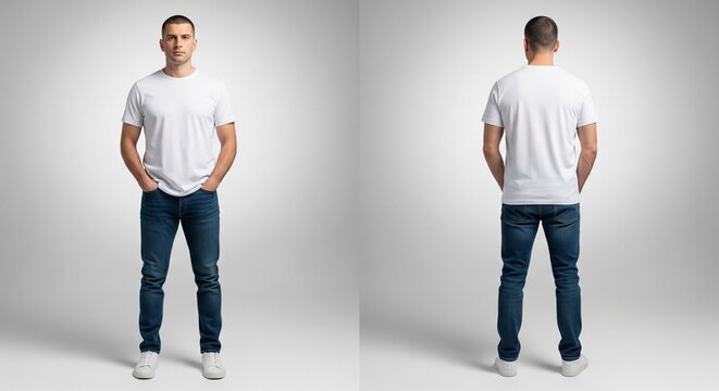Man in white t-shirt and blue jeans standing front and back studio portrait on white background