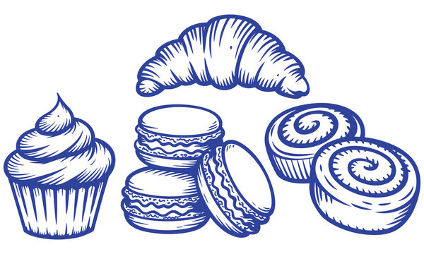 Hand drawn sketch of delicious assorted baked pastries including a buttery croissant sweet cupcake and colorful french macarons in blue