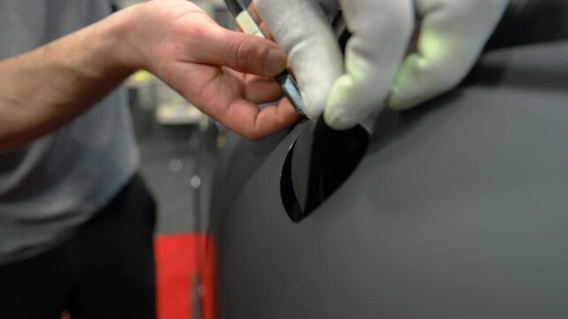 Close up shoot of a cutting vinyl wrap on a car body panel in a workshop. Automotive detailing process with film installation, smooth matte finish and precision work