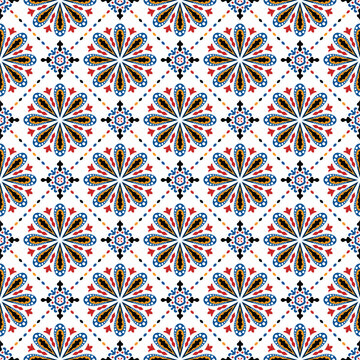 Mediterranean Talavera Floral Mandala Seamless Pattern with Dotted Diamond Trellis and Folk Tile Motif