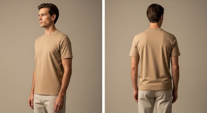 Man wearing a tan t-shirt and light colored pants shown from the side and back studio lighting