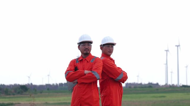 Two Asian industrial workers standing under huge windmills generator field station outdoor. Focused engineering professionals evaluating renewable clean energy power layout.
