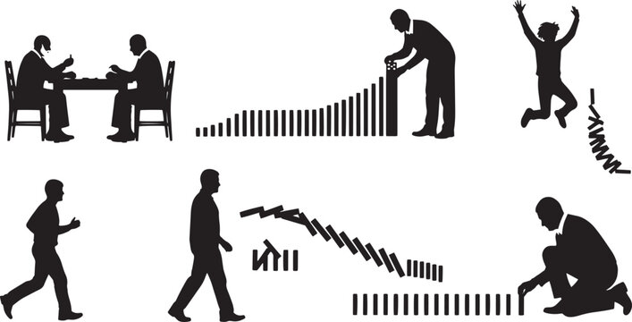 Business activities include meetings, domino effect planning, and goal achievement shown through silhouette illustrations.