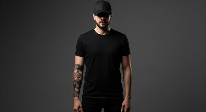 Man wearing black t-shirt and baseball cap with lion tattoo on arm posing against dark gray studio background