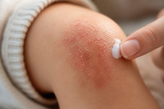 Applying moisturizer cream on toddler eczema dry skin patch close up