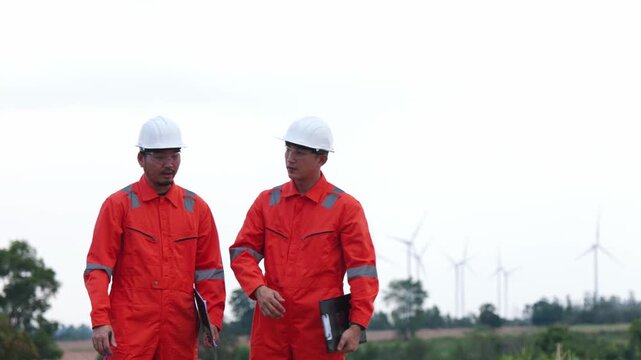 Focused Asian utility operators pointing at sustainable turbine power project layout outside. Technical industry experts monitoring alternative clean eco energy grid system.