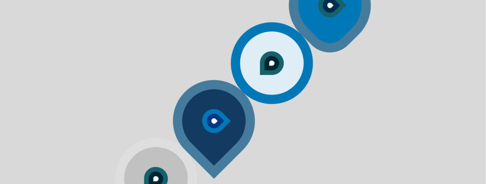 Stylized graphic features multiple blue eyes, resembling evil eye talismans. Shapes vary in size, creating visual depth. Light gray background.
