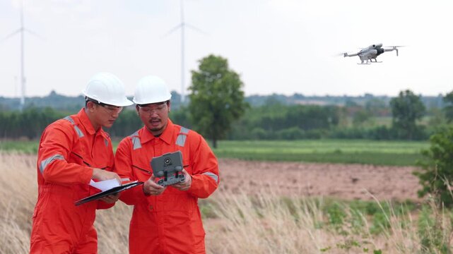 Corporate Asian renewable energy experts reviewing drone data on tablet screen inside wind farm. Technical safety engineers analyzing ecological clean electricity generation.