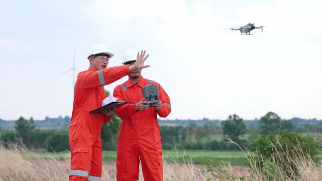 Two Asian safety professionals launching drone camera outside clean energy turbine plant field. Focused industrial technical experts tracking alternative green power progress.