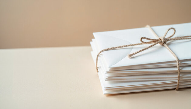 stack of white envelopes tied with twine resting on a minimalist surface against a neutral background, suitable for correspondence and invitations