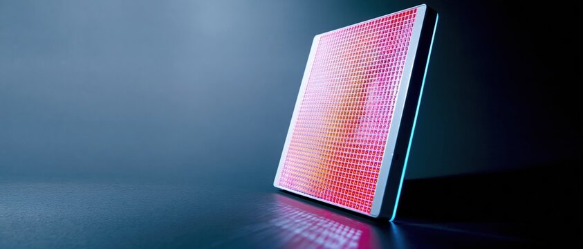Red light therapy panel with glowing led diodes stands on a dark surface, casting a warm radiance for biohacking and wellness technology background