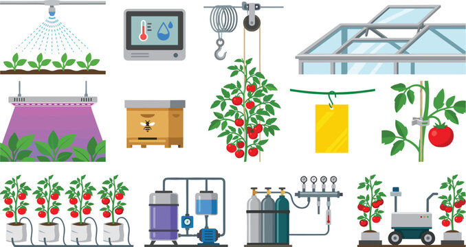 Greenhouse Tomato Cultivation Technology Icon Set with Hydroponic Farming, Climate Control Systems, Irrigation Equipment, and Protected Agriculture Solutions